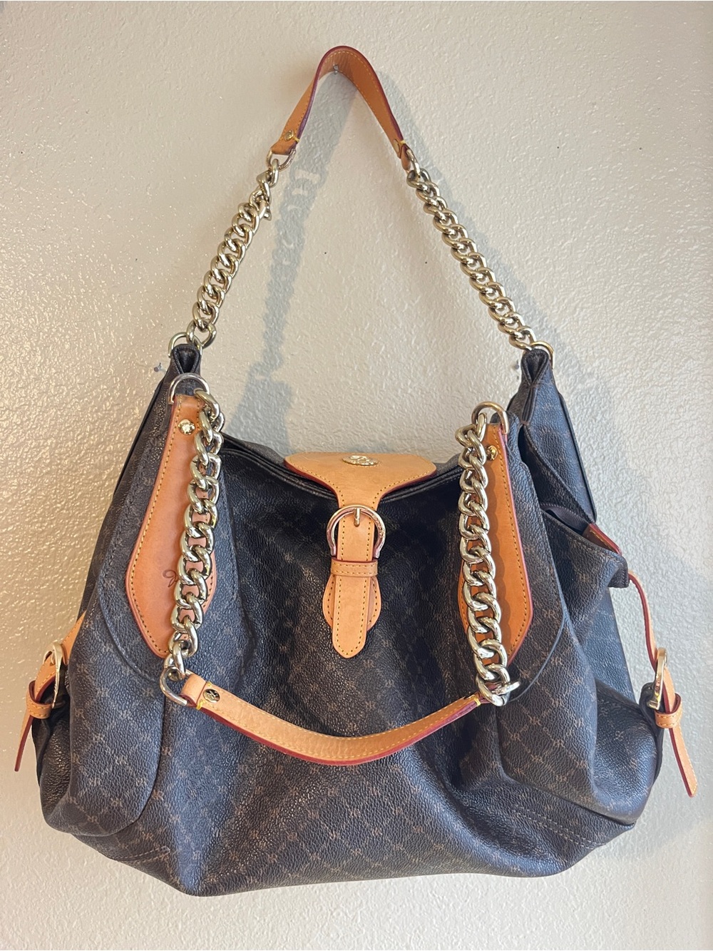 Leather-Trim Shoulder Hobo Bag in Dark Brown and Tan